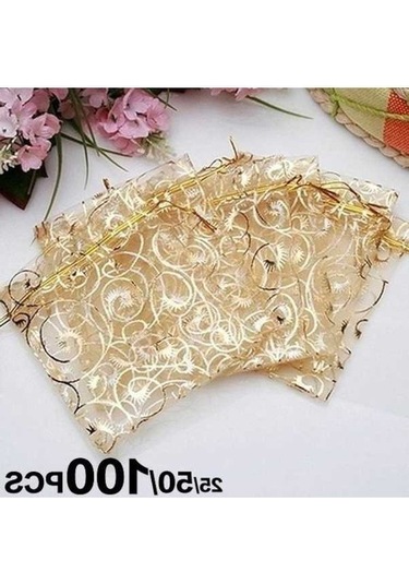 Novahub 25/50/100 Adet Şampanya Organze İpli Çanta Takı/hediye/kozmetik Şeker Çantası 9x12cm Düğün Kutlamalar İçin 100pcs
