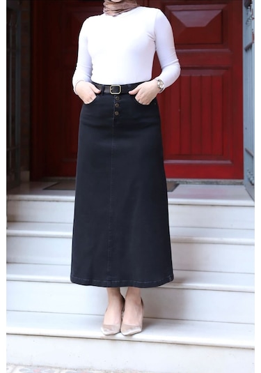 Vellıchor Doğal Kumaşlı Kemerli Kot Etek- 001