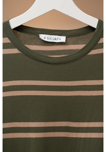 San&fa Bisiklet Yaka Çizgili Rayon Kumaş Slimfit T-shirt Yeşil