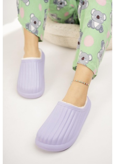 Modafrato Flora Kapalı İçi Yünlü Unisex Ev Terliği Kışlık Terlik Su Geçirmez Mor