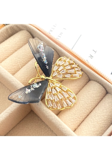 Broş Kadın Altın Kaplama Zirkon Taşlı Kelebek Yaka İğnesi Broş Si Altın -  Siyah