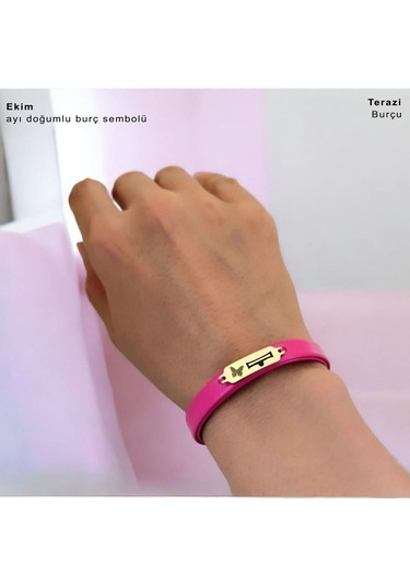 Archin Ekim Ayı Doğumlarına Kelebek Figürlü 14 Ayar Altın Plakalı Pembe Derili Hediye Bileklik-651ay Ekim