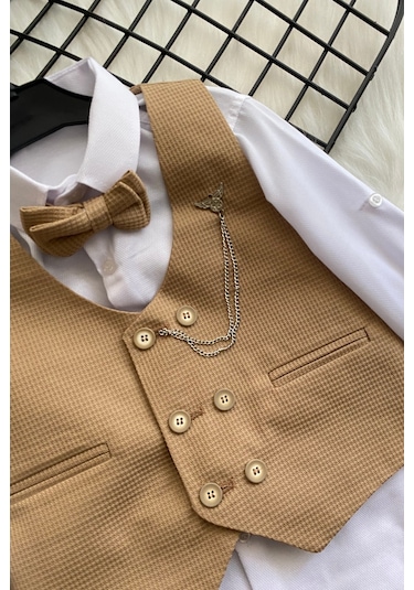 Matrix Yelekli Zincirli Erkek Çocuk Takım Elbise Camel