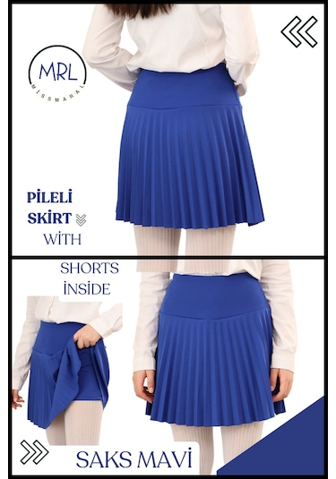 Kız Çocuk Mavi Pileli Etek Yüksek Bel Içi Şortlu Dalgıç Kumaş Okul-oyun-spor- Etkinlik 4103 Mavi