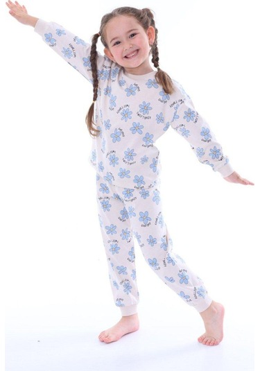 Kız Çocuk Mavi Çiçek Desenli Uzun Kollu Pijama Takımı-912 Mavi
