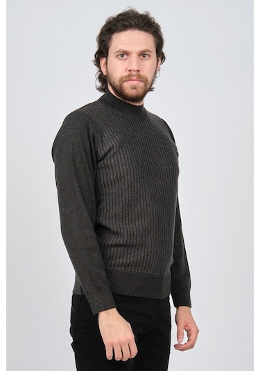 Çizgi Triko Erkek Yarım Balıkçı Çizgi Desenli Kazak 42564234 Koyu Koyu Gri