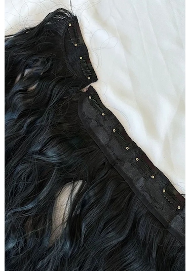 Caş Dekorasyon Isıya Dayanıklı Yıkanabilir Yarımay Çıt Çıt Saç 1 Siyah-dalgalı-60cm-110 Gr+2 Adet Yan Çıtçıt Saç Siyah