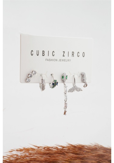 Kadın Kararmaz Altın Kaplama Yılan Detaylı 6'Lı Zirkon Set Küpe Gümüş-M Altın