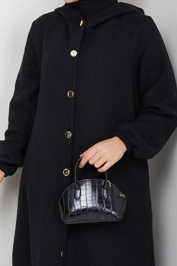 Çizgi Detay Kapüşonlu Kaşe Kap 1634 - Siyah Siyah