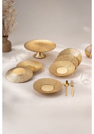 Emsan Golden 7 Parça Cam Pasta / Tatlı Seti Gold