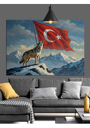 Dağ Başında Türk Bayrağı Dekoratif Kanvas - Mdf Ahşap Tablo