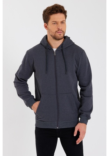 Comeor Kanguru Cepli Kapüşonlu Fermuarlı İçi Pamuklu Erkek Sweatshirt Antrasit 001 Antrasit