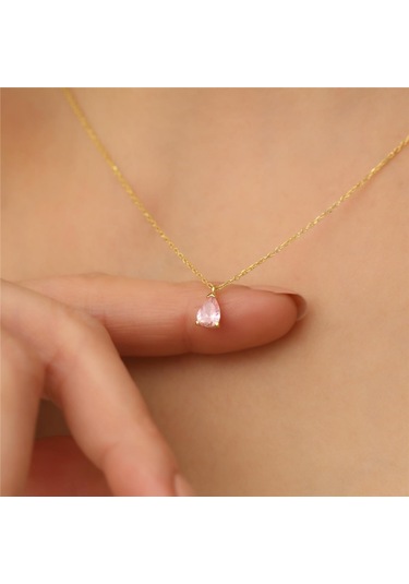 925 Ayar Gümüş Pembe Damla Taşlı Kolye
