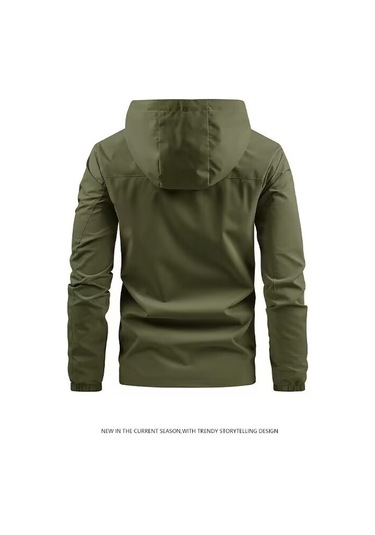 Yeni Gündelik Kapüşonlu Düz Renk Çok Cepli Açık Hava Erkek Rüzgarlık Ceketi Haki