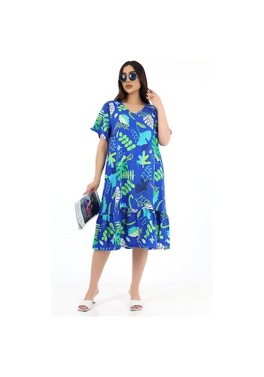 Schık Kadın Viskon Yarım Kol V Yaka Cepli Fırfırlı Elbise Kırmızı Saks