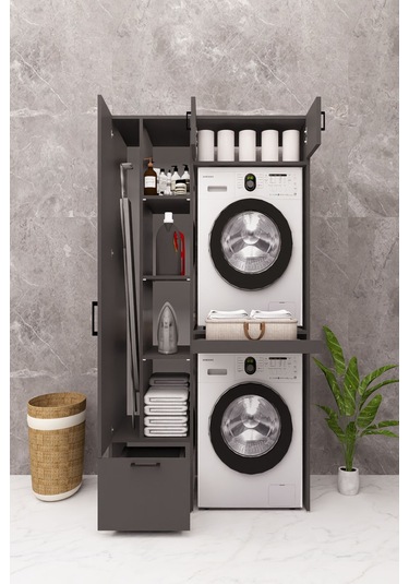Mdf Çamaşır Makinesi Ve Kurutma Makinesi Dolabı Ütü Masalı Antrasit