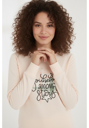 Luxury Thermal Among Stars Desenli Kadın Polar Kışlık Pijama Takımı 42058 Ekru