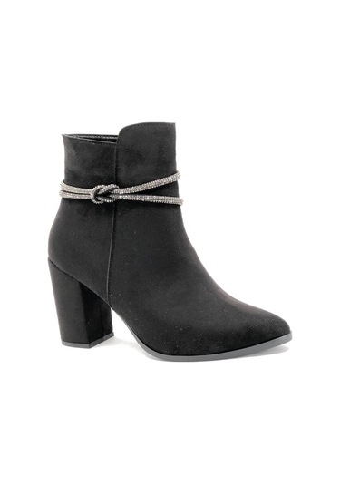 Feles Bilek Düğüm Taş Dekolteli Klasik Kadın Bot Siyah-Süet