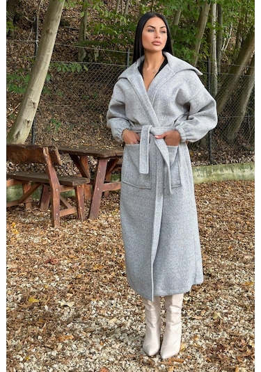 Gri Cepli, Balon Kol, Kemerli, Kalın Örgü Triko, Uzun Kaban Gri