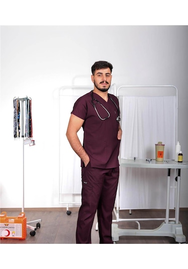 Likralı Cerrahi Forma Unisex Hemşire Doktor Sağlıkçı Forması Scrubs Üniforma Mürdüm