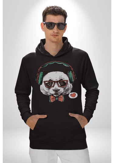 Kulaklıklı Hipster Portre Panda Kadın Erkek Siyah Kapüşonlu Sweatshirt Hoodie Siyah