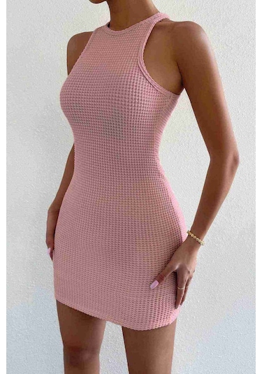 Merry See Vücuda Oturan Diz Üstü Mini Örme Elbise Pembe 001