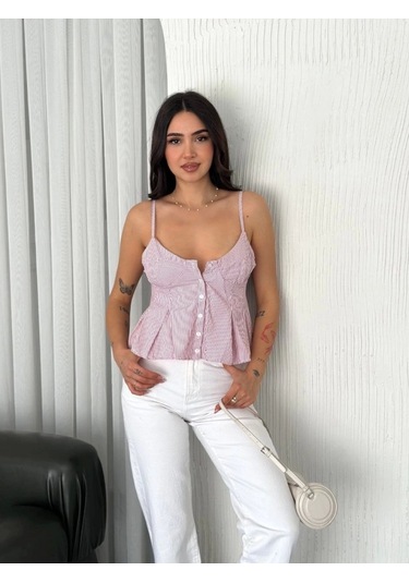 Askılı Dekolte Deraylı Crop - Kırmızı Kırmızı