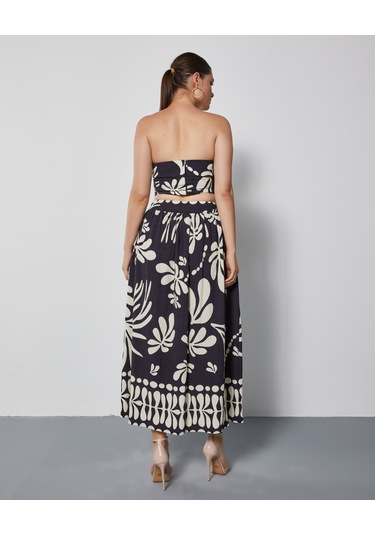 Kadın Straplez Desenli Takım Bağlamalı Büstiyer Ve Bol Kesim Pantolon Etek Siyah