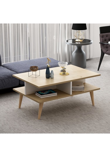 Dekorosso Poloo Ahşap Ayaklı Modern Orta Sehpa 90Cm Beyaz-Safir