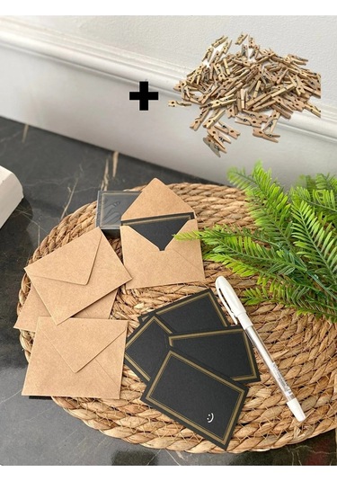 Siyah Kartlı 50 Adet Mandallı Kraft Kartlı Hediye Kartı - 9x7cm