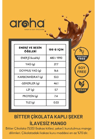 %72 Kakao Bitter Çikolata Kaplı Şekersiz Mango Dilimleri 250 G