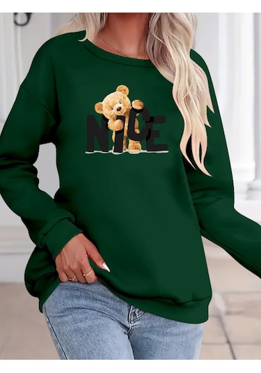 Supplierby Kadın Uzun Kollu Bisiklet Yaka Viskon Iki Iplik Bluz Yeşil