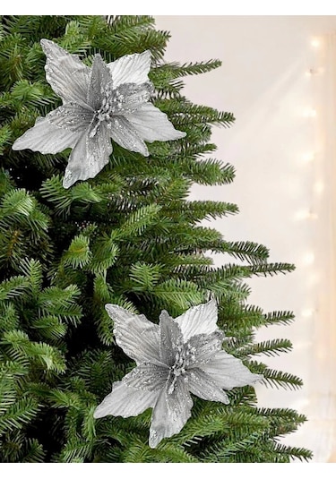 Yılbaşı Ağacı Dekor Süsü Simli Atatürk Çiçeği Gümüş