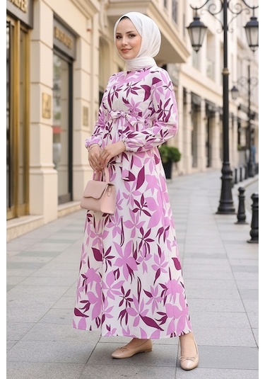 Bestenur Zerya Desenli Keten Elbise 1718 - Pembe