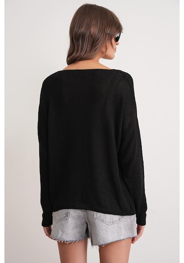 6933 Kadın Kayık Yaka İnce Mevsimlik Triko Kazak Siyah Siyah