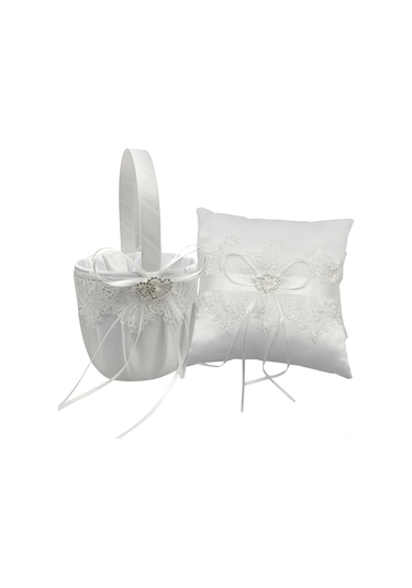 Monyee Beyaz Saten Ve Perya İçeren Nikah Çiçek Sepeti İle Yüzük Yastığı Seti Pmtz-075 Yeşil