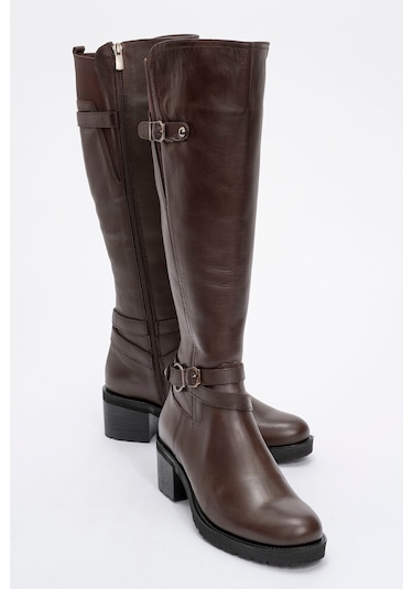 Kadın Yüksek Topuklu Fermuarlı Çizme Gerçek Deri Br 08029 Kahverengi Null Kahverengi