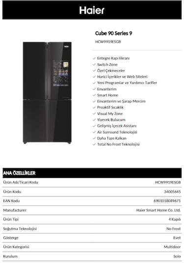 Haier HCW9919ESGB Gardırop Tipi No Frost Buzdolabı