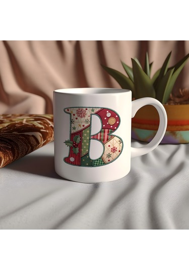 B Harfi Yılbaşı Temalı Kupa Bardak - Yeni Yıl Konsept Yamalı Efekt Tasarım - Noel Hediye Beyaz