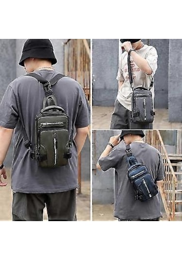 Erkek Omuz Çantası, Çapraz Askılı Çanta, Usb Portlu Hırsızlığa Karşı Göğüs Çantası Omuz Çantası Yeşil