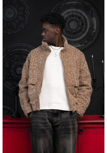 Oversize Crop Model Yan Cepli Astarlı Kırçıllı Mont Kahverengi