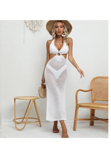 Bağlama İpli Derin V Yaka Örgü Boyundan Bağlamalı Tunik Uzun Plaj Elbisesi Siyah