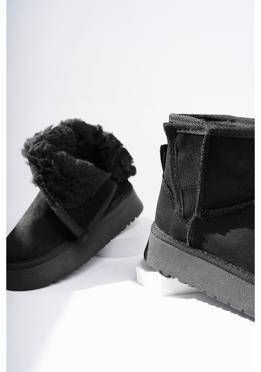 Muggo Mixs Garantili Kalın Taban İçi Tüylü Cırtlı Günlük Mini Çocuk Bot Siyah