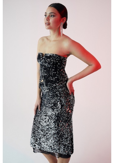 GRIMELANGE Yıseth Kadın Gümüş Pul Payet Uzun Astarlı Siyah Etek Siyah