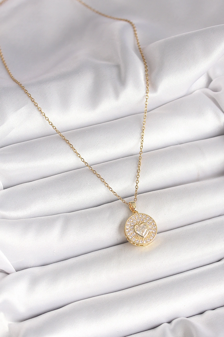 316l Çelik Gold Renk Zincir Madalyon Zirkon Taşlı Kalp Model Kad Renkli