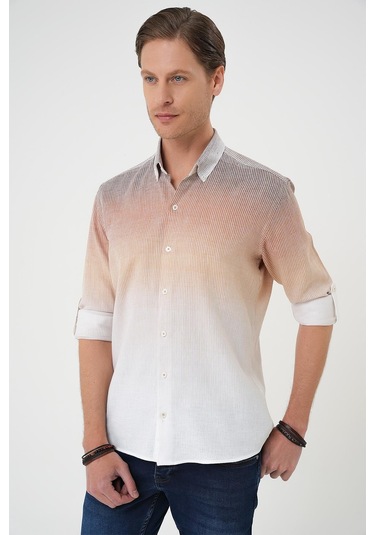 Comfort Fit Apoletli Degrade Desen Esnek Pamuk Bej Gömlek G 1575 Bej