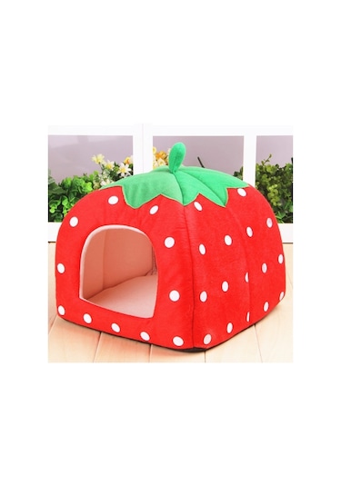 Sones Çilek Şekilli Katlanabilir Kısa Peluş Evcil Hayvan Evi Yuvası