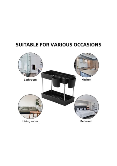 Leezsing Lavabo Altı Düzenleyici Lavabo Altı Raf Rafı 2 Katlı Lavabo Altı Depolama 2 Bardak Tutucu Depolama Rafı Banyo Mutfak İçin Siyah