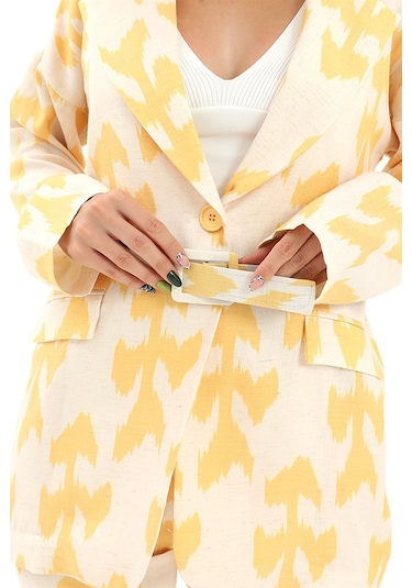 Kemerli Desenli Oversize Blazer Ceket - Sarı-sarı Sarı