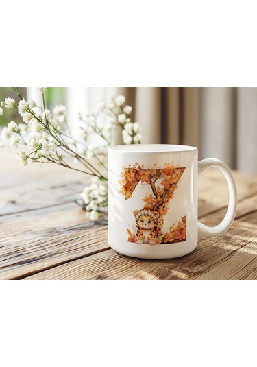 Z Harf Sonbahar Yaprak Temalı Kupa Bardak - Sevimli Figürler İle Alfabe Harfli Bardak - Kişiye Özel Beyaz